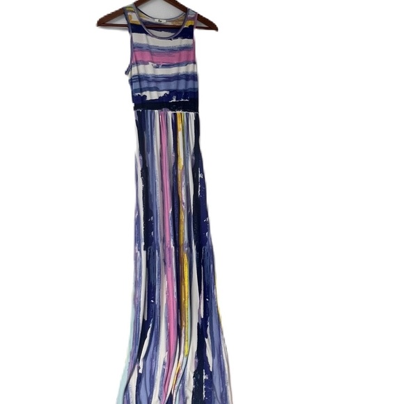 Egs Sleeveless Striped Maxi Tank Dress Size Medium Blue White Pink - Picture 2 of 5